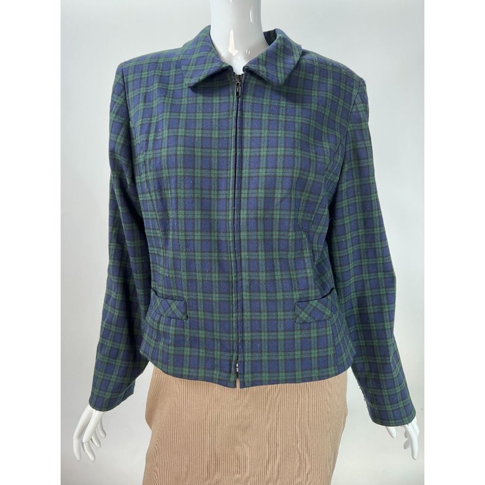 Totonko Vintage Plaid Front Zip Jacket  10 Blue Green   Polyester Blend USA